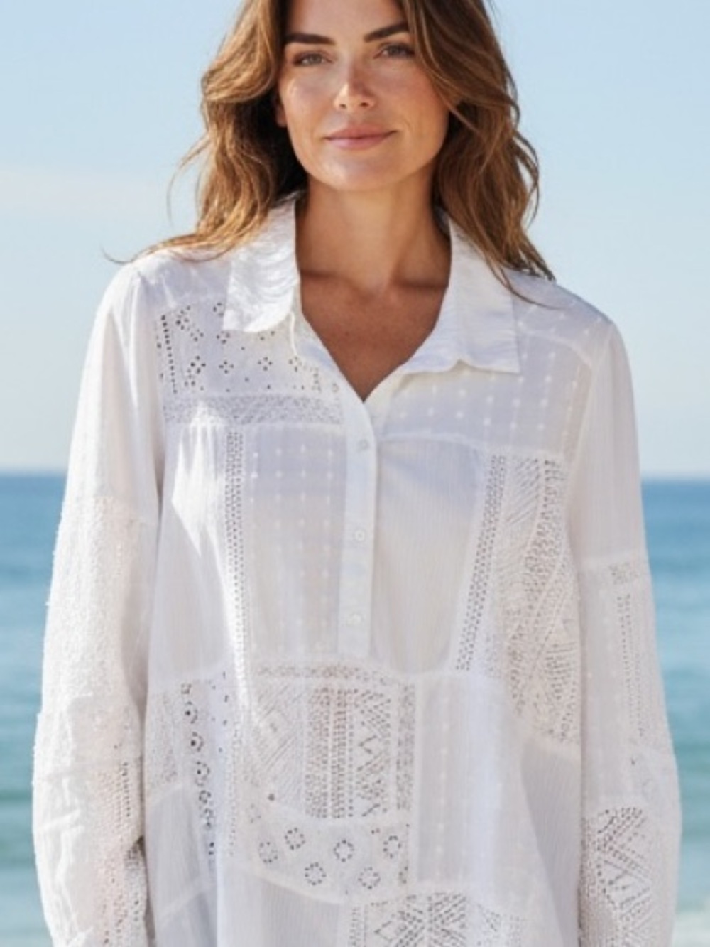 BOGO! Sundance Patchwork Lace Popover Blouse Cotton White Size Small